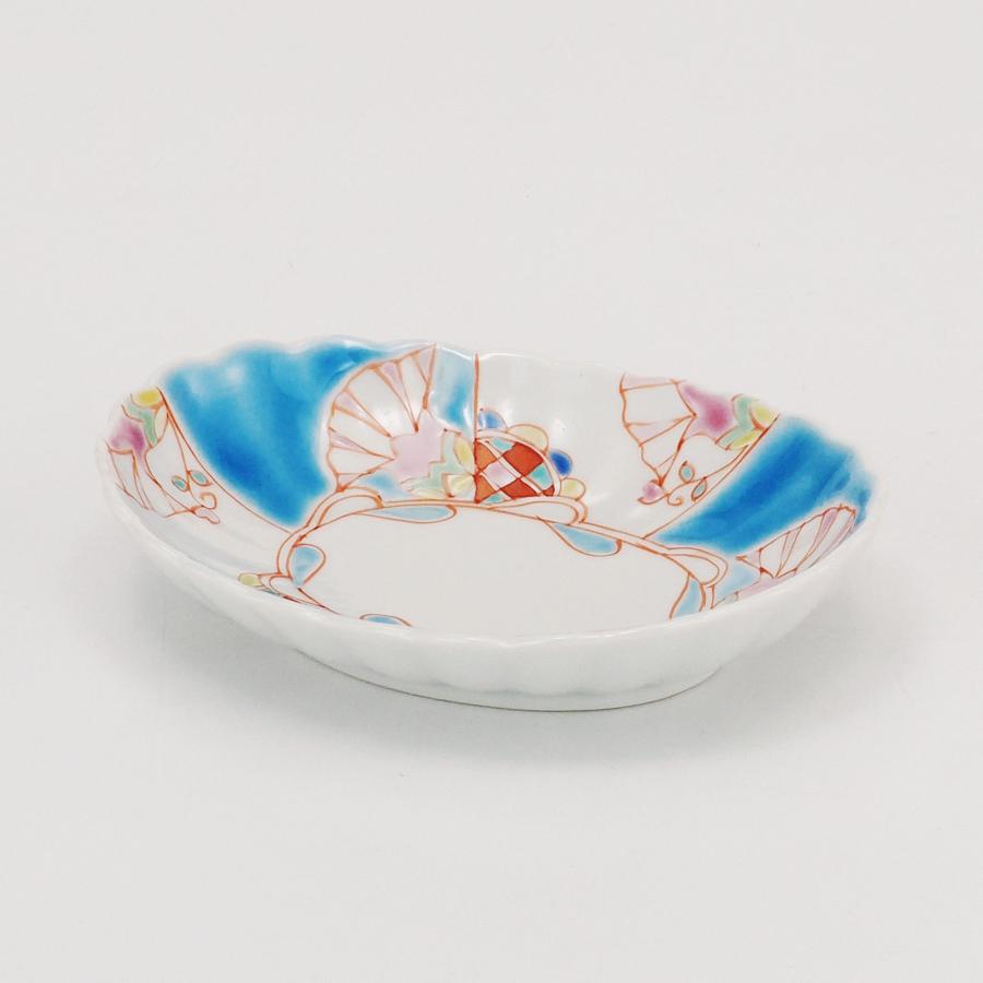 日本の伝統工芸品【九谷焼】4号菊楕円小皿 水中花 ブルー