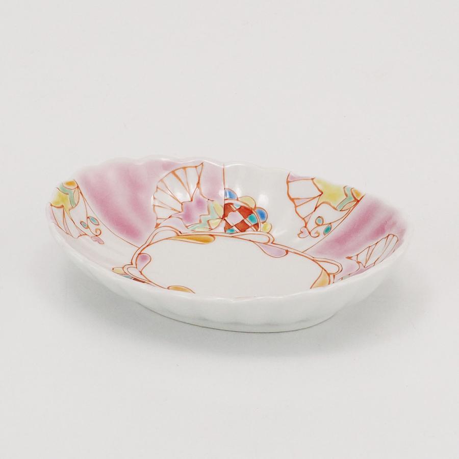 日本の伝統工芸品【九谷焼】4号菊楕円小皿 水中花 ピンク
